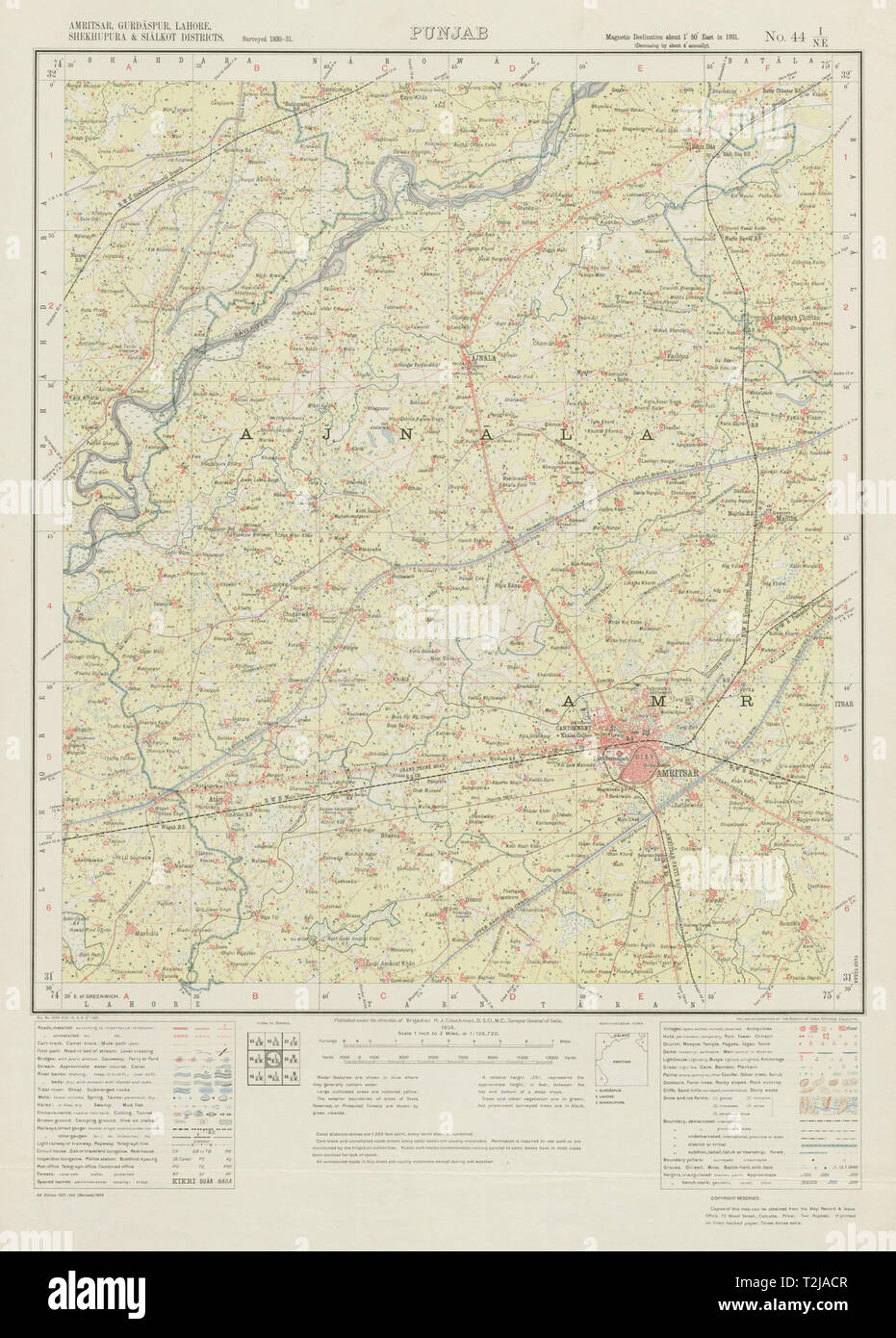 SURVEY OF INDIA 44 I/NE Punjab Amritsar Attari Ajnala Fategarh Majitha 1934 map Stock Photo