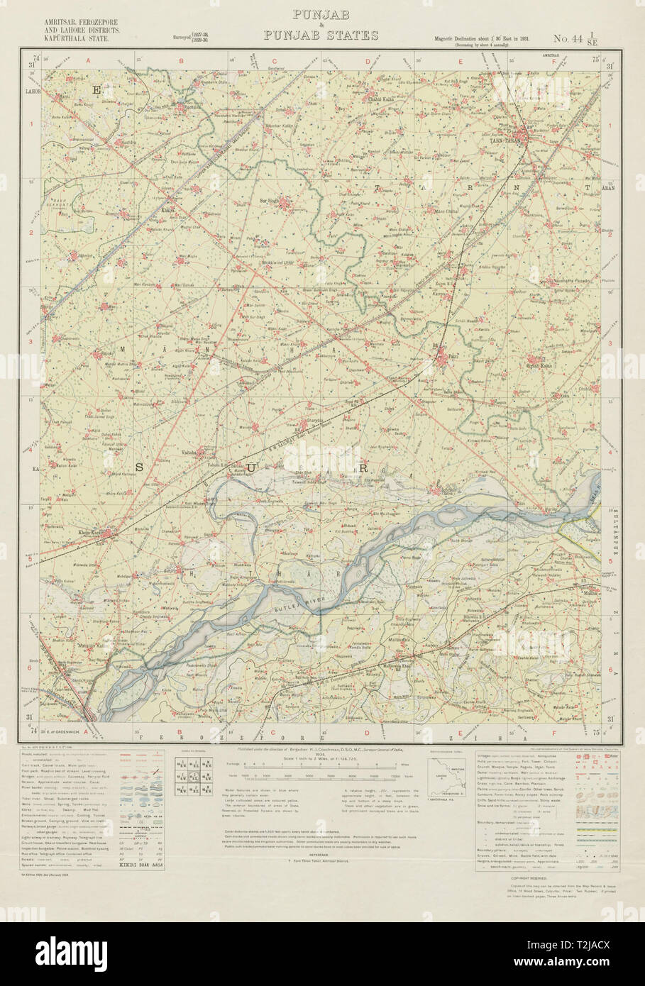 SURVEY OF INDIA 44 I/SE Punjab Tarn Taran Sahib Khemkaran Patti Harike 1934 map Stock Photo