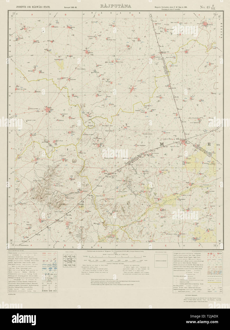 SURVEY OF INDIA 45 F/NE Rajasthan Kuchera Asop Merta Road Kuchera Run 1936 map Stock Photo
