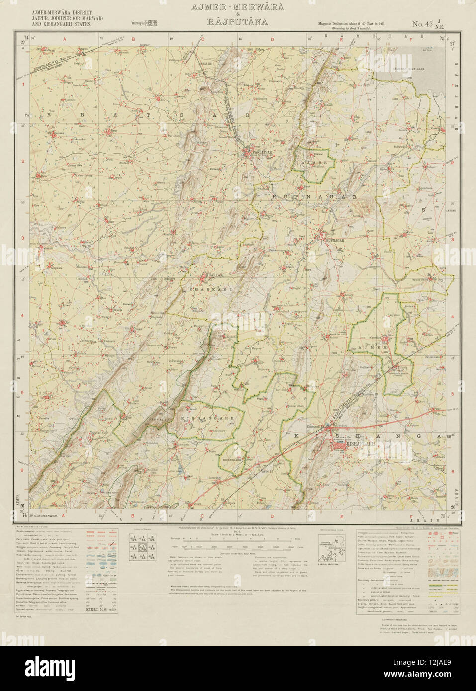 SURVEY OF INDIA 45 J/NE Rajasthan Kishangarh Roopangarh Parbatsar 1933 old map Stock Photo