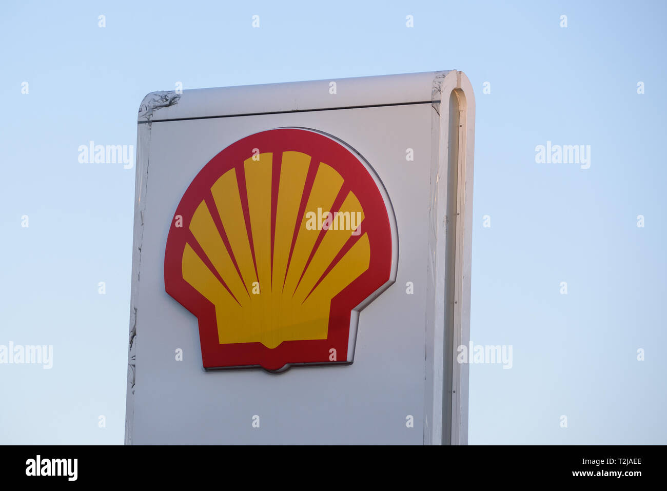 02.04.2019. RIGA, LATVIA. Logo of Shell oil company on gas station. Shell is United States-based wholly owned subsidiary of Royal Dutch Shell. Stock Photo