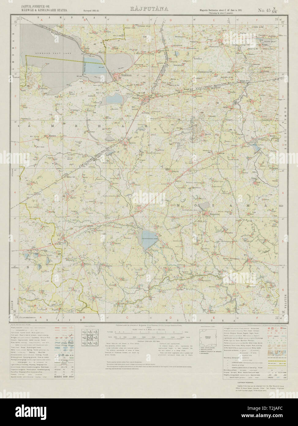 SURVEY OF INDIA 45 N/NW Rajasthan Naraina Phulera Jobner Sambhar Dudu 1933 map Stock Photo