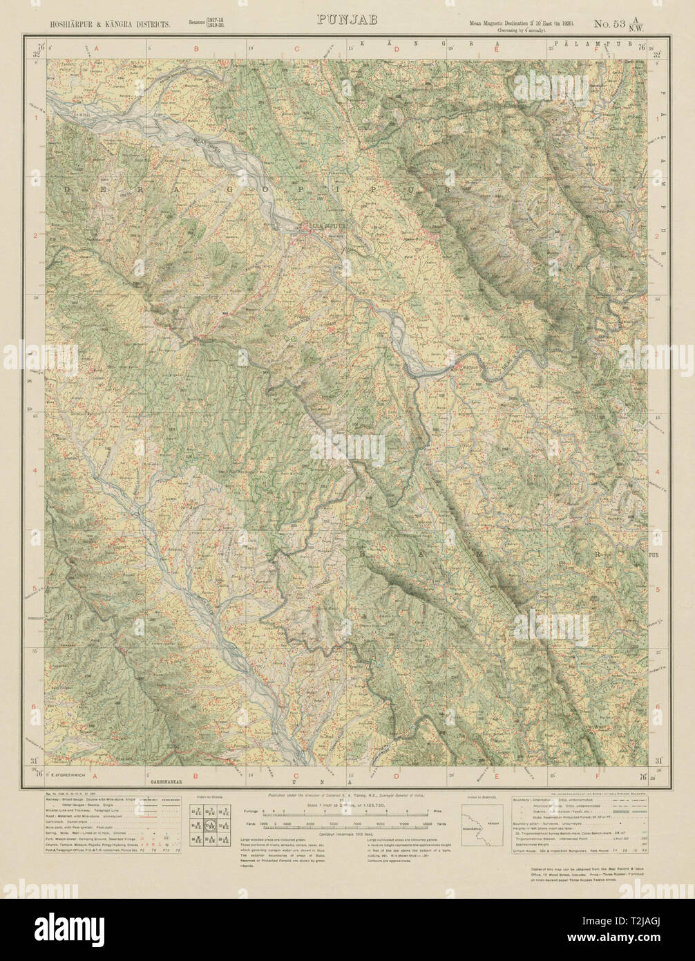 SURVEY OF INDIA 53 A/NW Himachal Pradesh Pragpur Nadaun Jawalamukhi Amb 1925 map Stock Photo