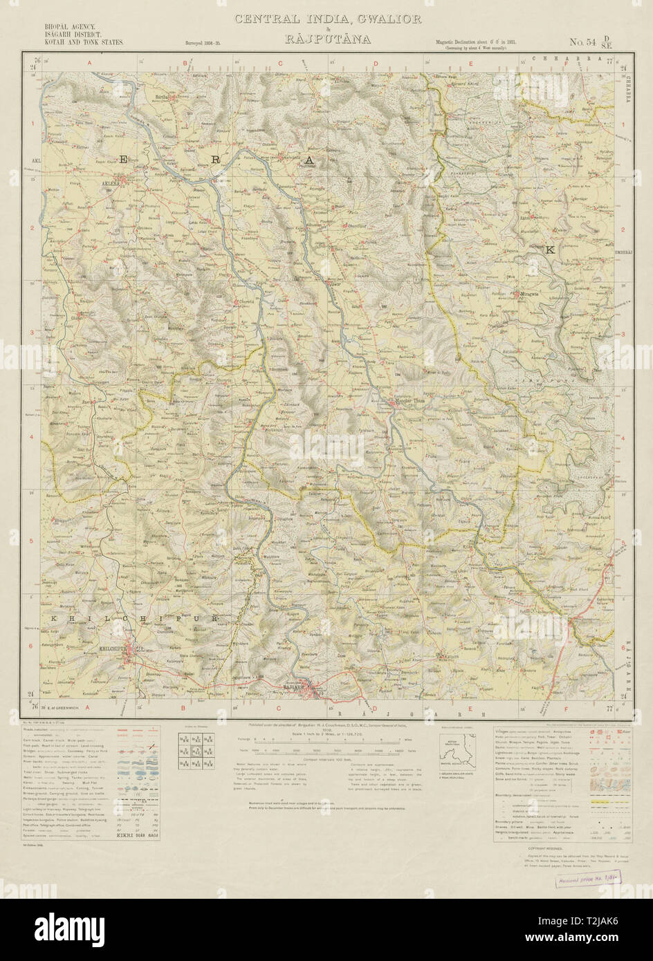 SURVEY OF INDIA 54 D/SE Rajasthan Madhya Pradesh Rajgarh Sarthal Aklera 1936 map Stock Photo