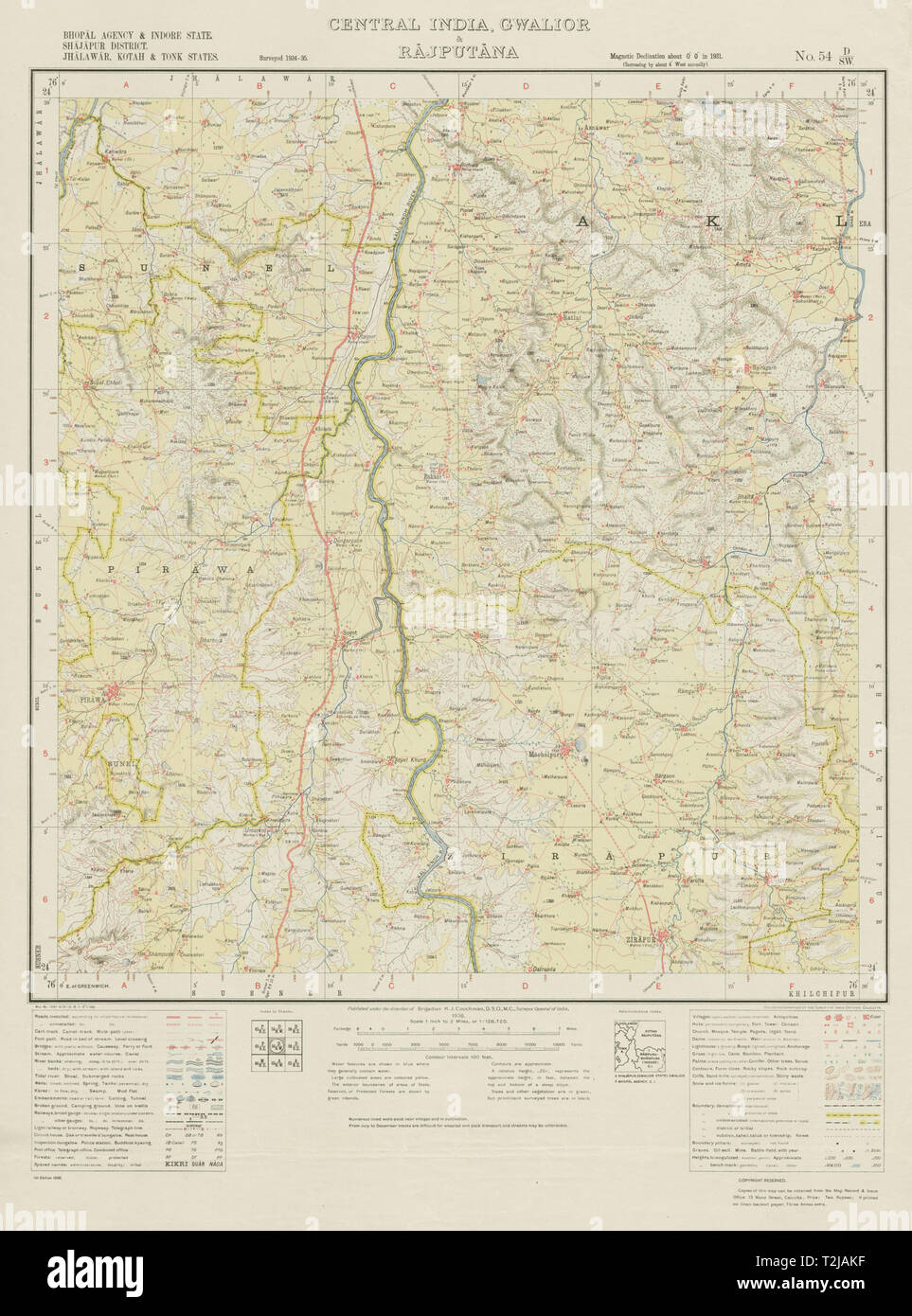 SURVEY OF INDIA 54 D/SW Rajasthan Madhya Pradesh Pirawa Jirapur Soyat 1936 map Stock Photo