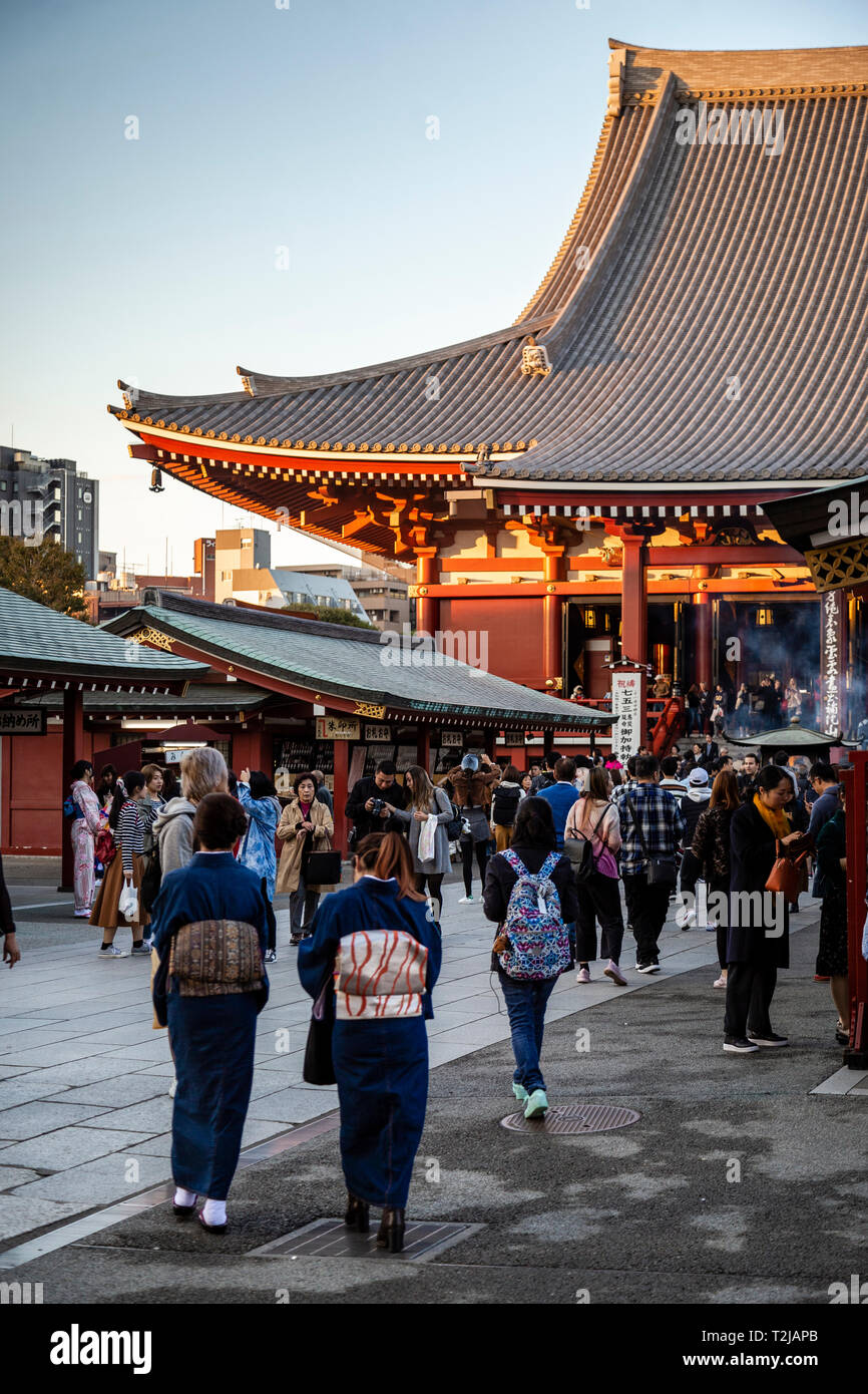 Visitors at Asakusa Temple in Tokyo at Dusk Stock Photo