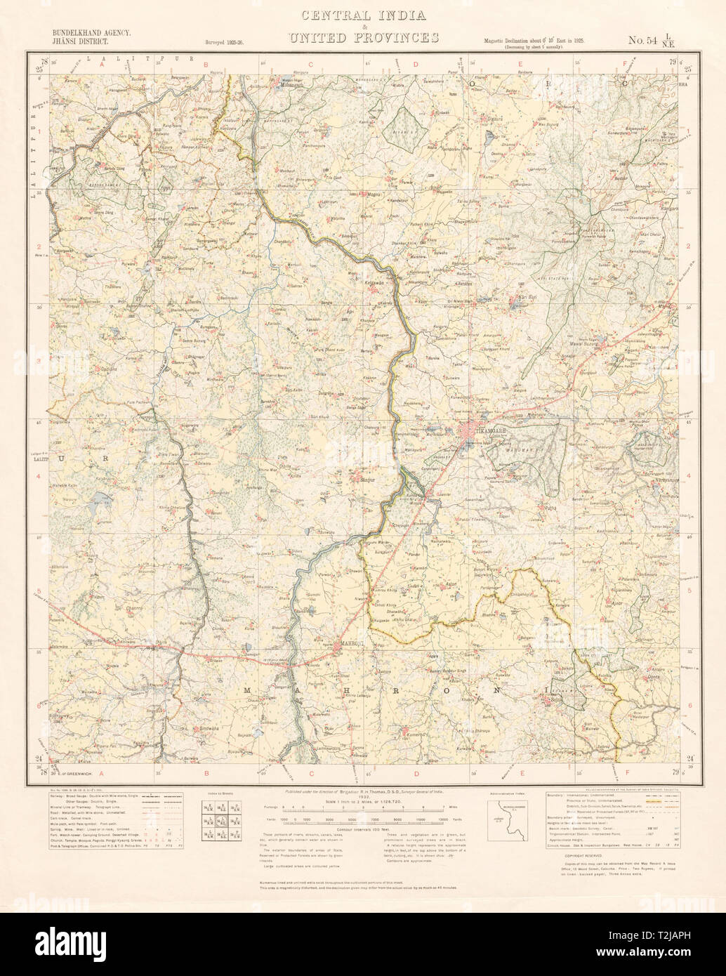 SURVEY OF INDIA 54 L/NE Madhya Pradesh Tikamgarh Mahrauni Jamni River 1932 map Stock Photo