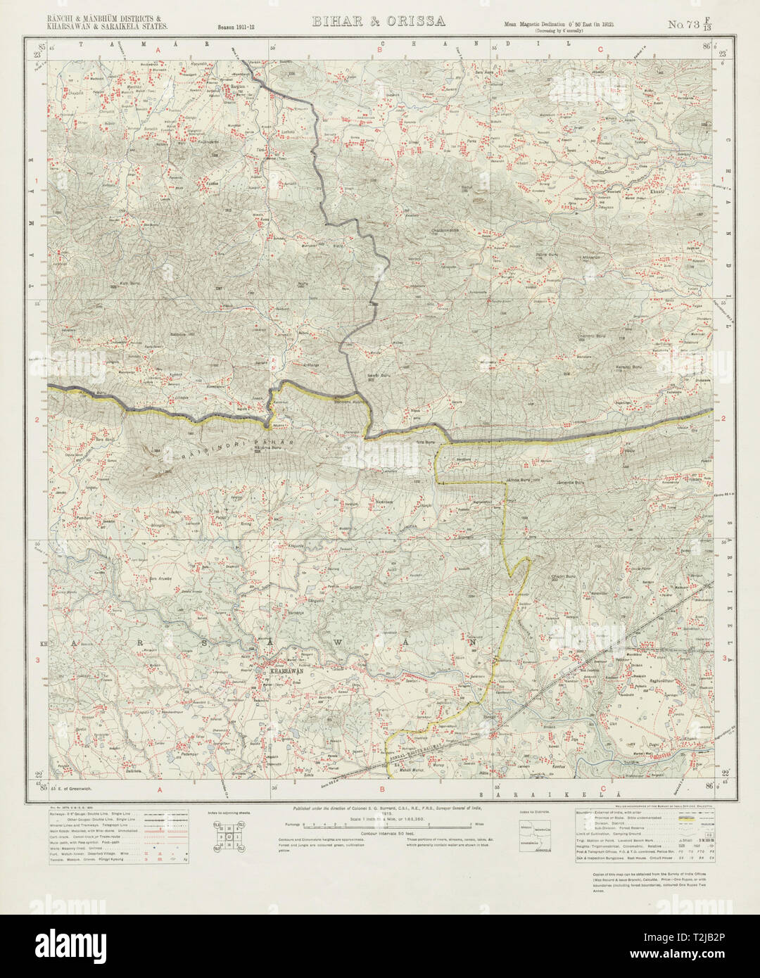 SURVEY OF INDIA 73 F/13 Jharkhand Kharsawan Chandil Gamharia Range 1913 map Stock Photo