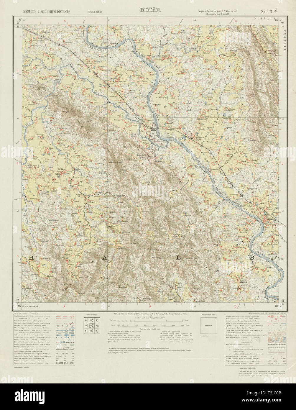 SURVEY OF INDIA 73 J/6 Jharkhand Kalikapur Ghatshila Mahulia Musabani 1927 map Stock Photo