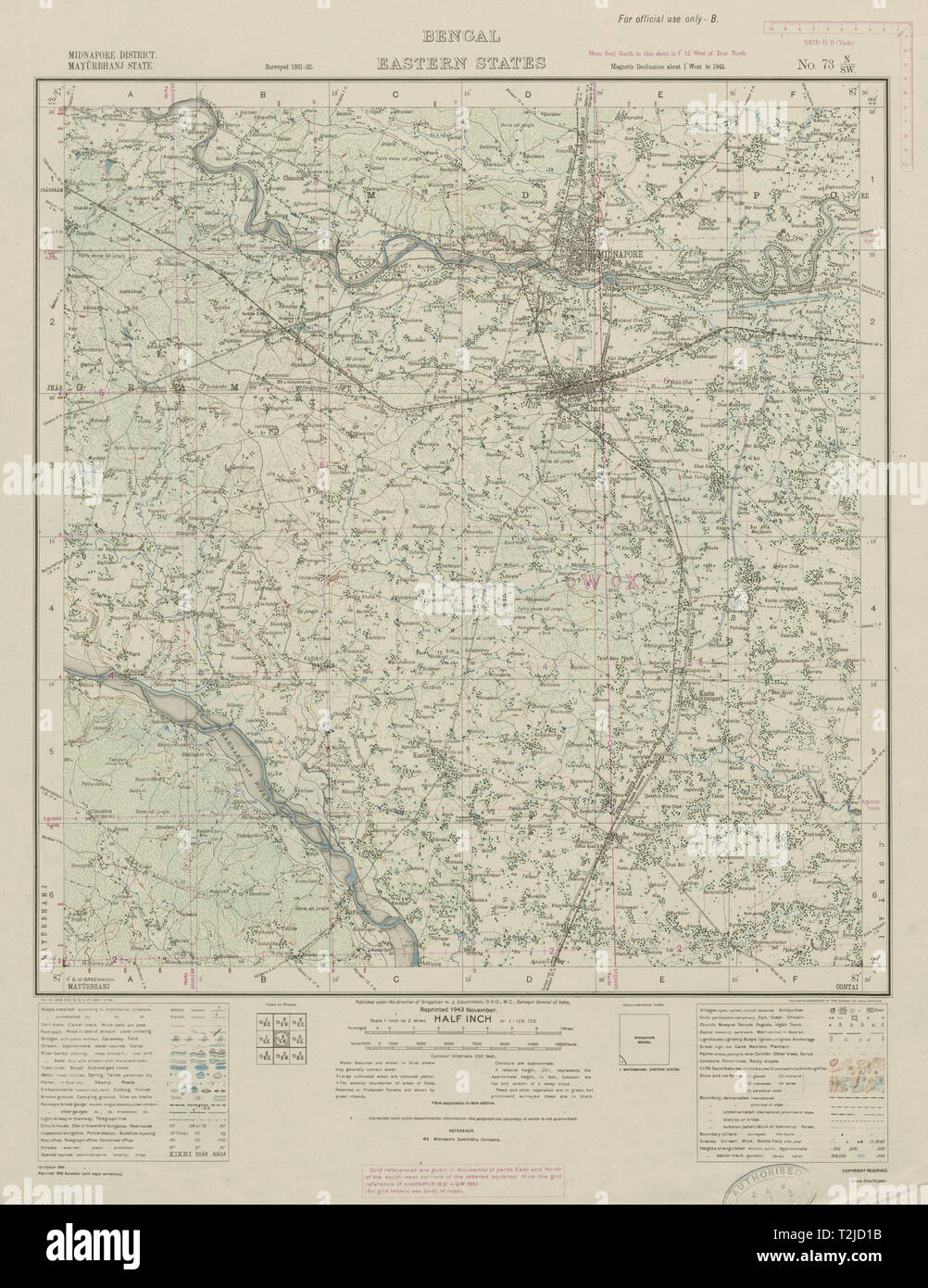 SURVEY OF INDIA 73 N/SW West Bengal Medinipur Kharagpur Belda Sankrail 1943 map Stock Photo