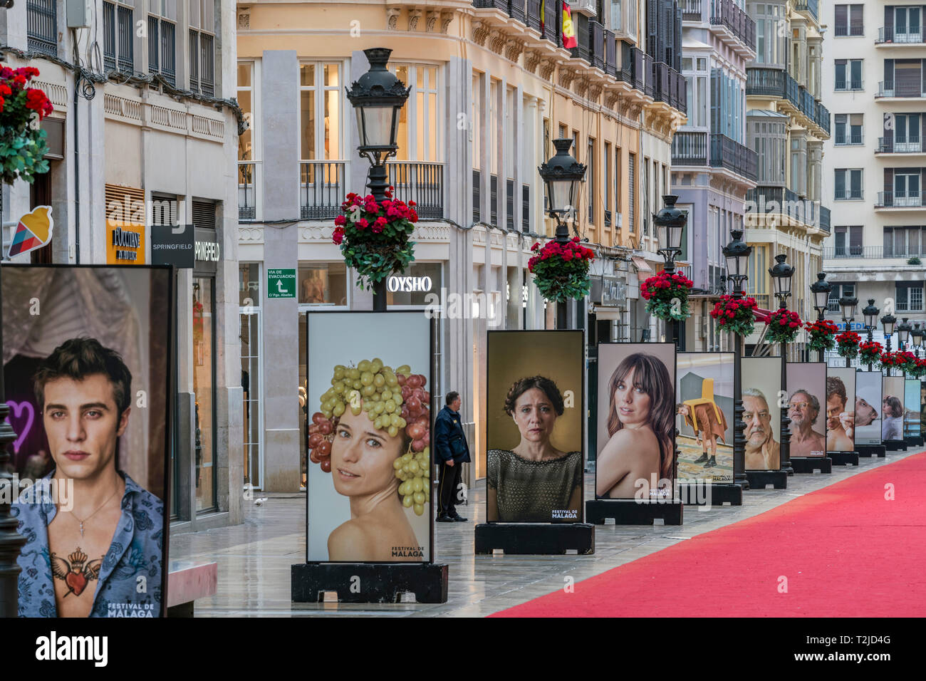 Calle Marques de Larios street adorned with red carpet for the Malaga Spanish Film Festival, Malaga, Andalusia, Spain Stock Photo