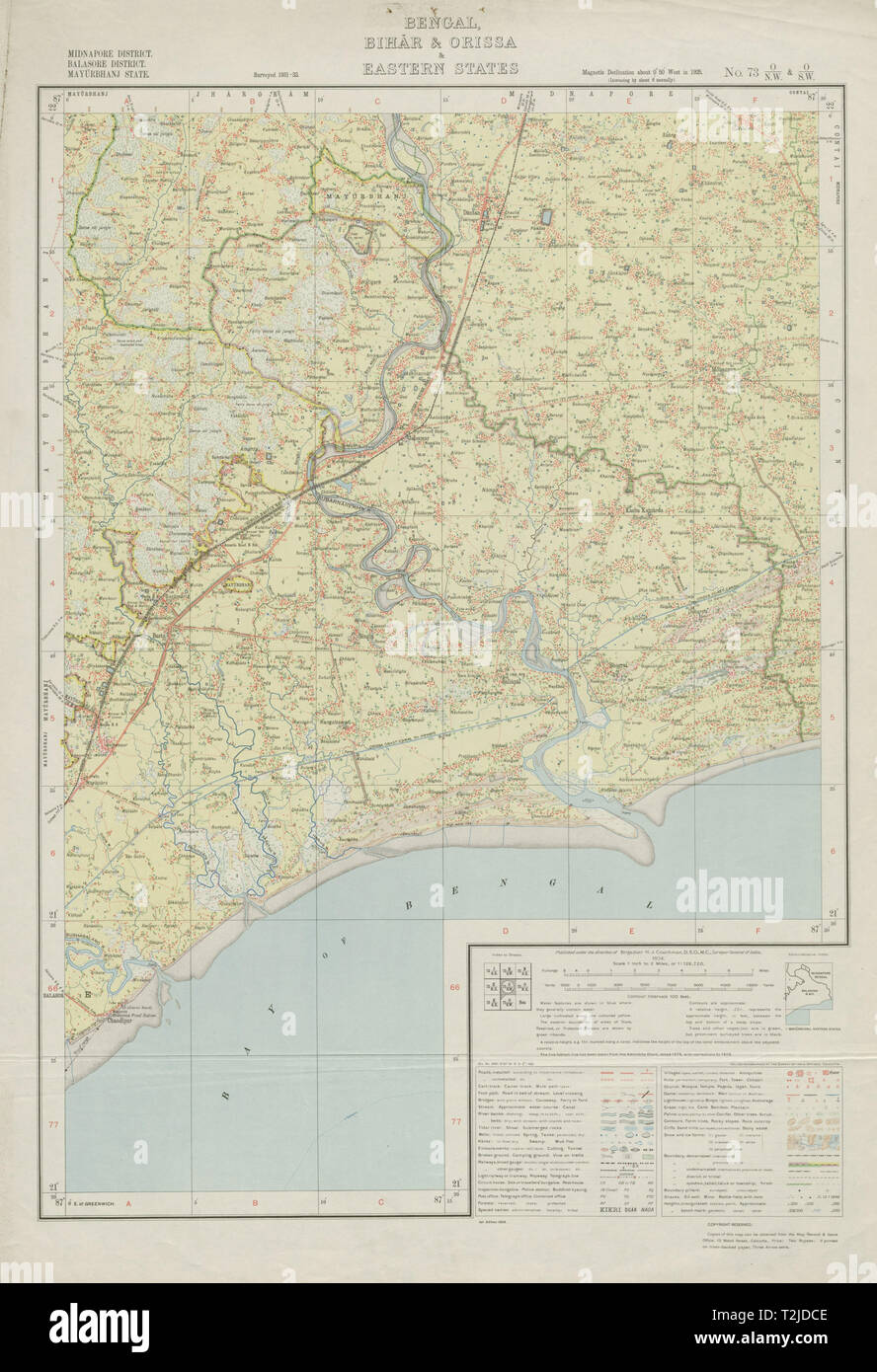 SURVEY OF INDIA 73 O/NW O/SW West Bengal Odisha Subarnarekha Jaleswar 1934 map Stock Photo