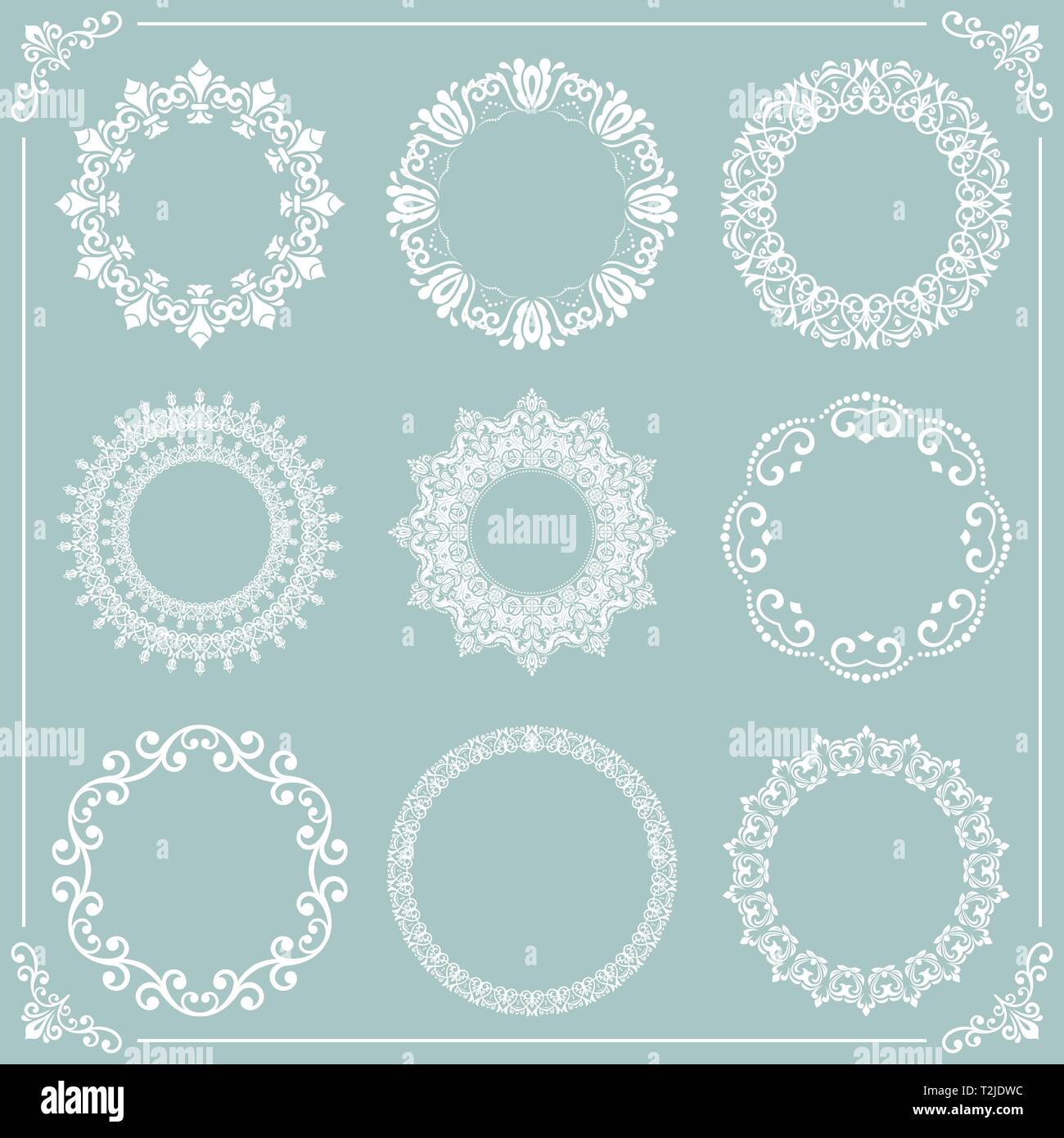 Vintage set of vector round elements. Different round white elements for design frames, cards, menus, backgrounds and monograms. Classic patterns. Set Stock Vector