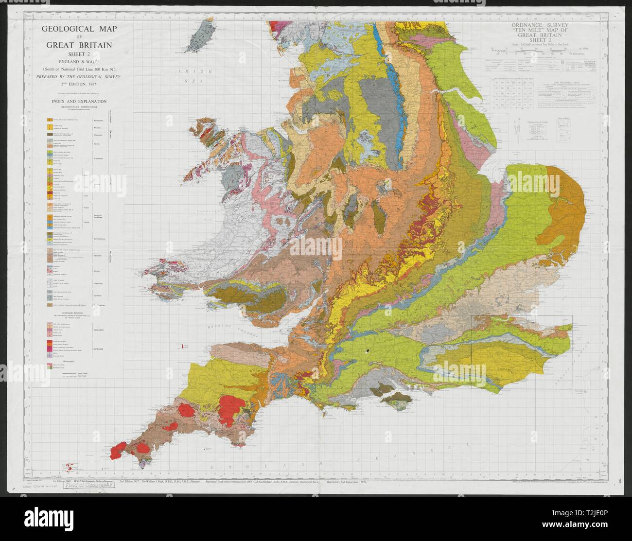 Geological map of Great Britain Sheet 2. South. England & Wales 1971 old Stock Photo