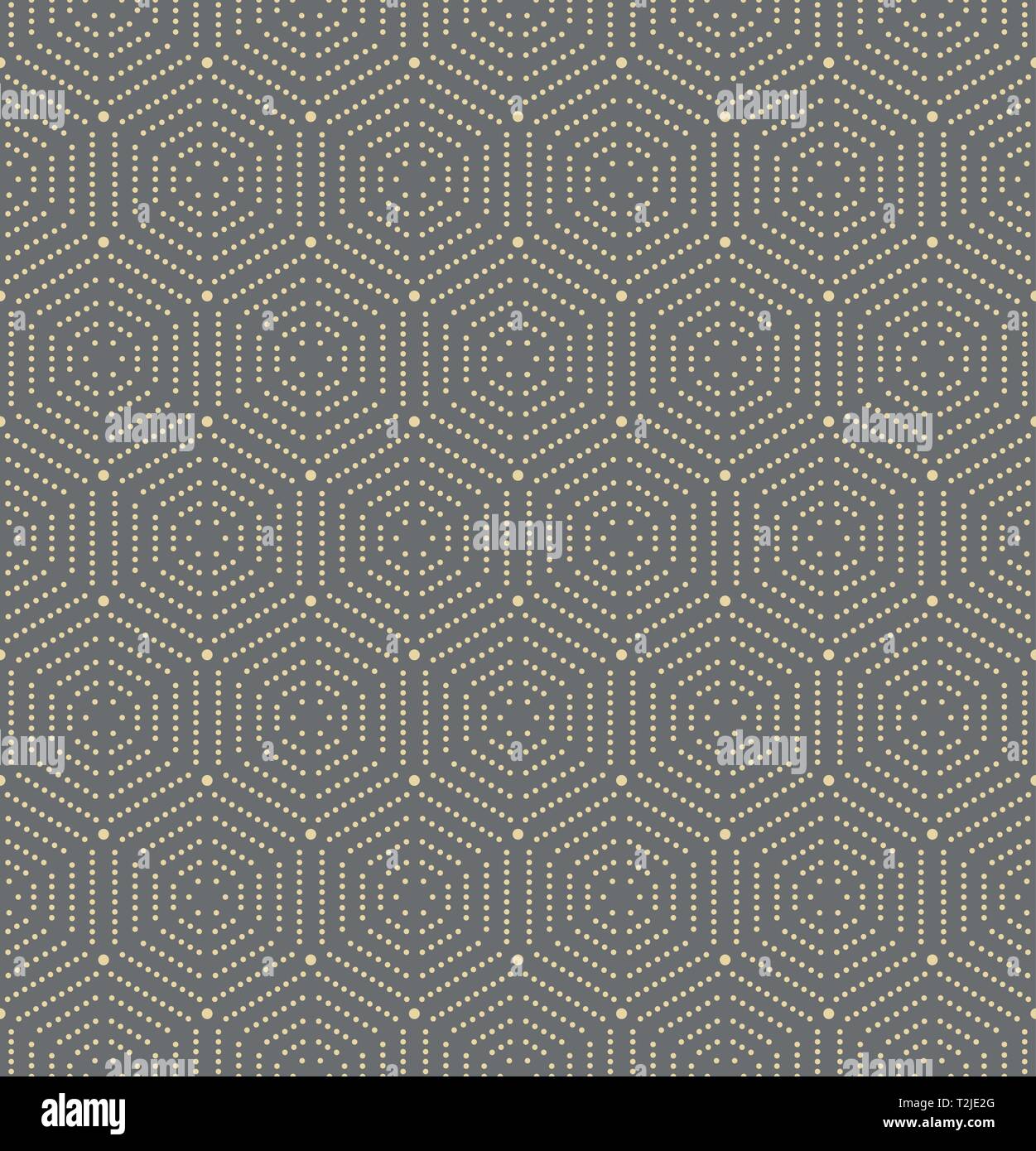 Geometric repeating vector ornament with golden hexagonal dotted elements. Geometric modern ornament. Seamless abstract modern pattern Stock Vector