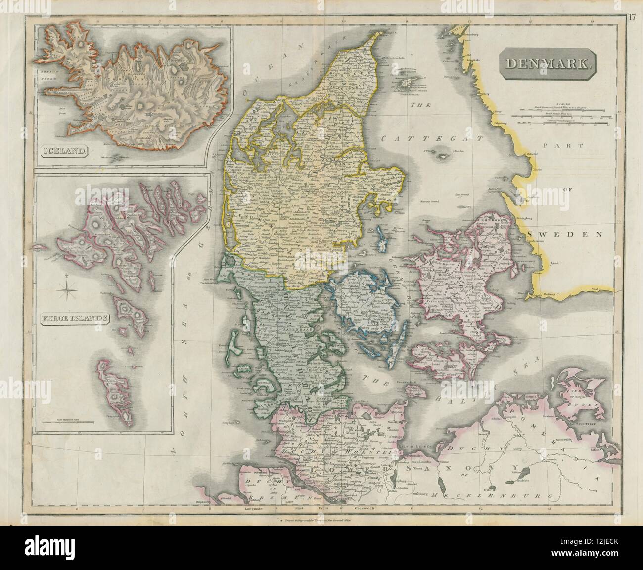 Old Map Of Denmark Denmark, Iceland & The Feroe (Faroe) Islands By John Thomson 1817 Old Map  Stock Photo - Alamy