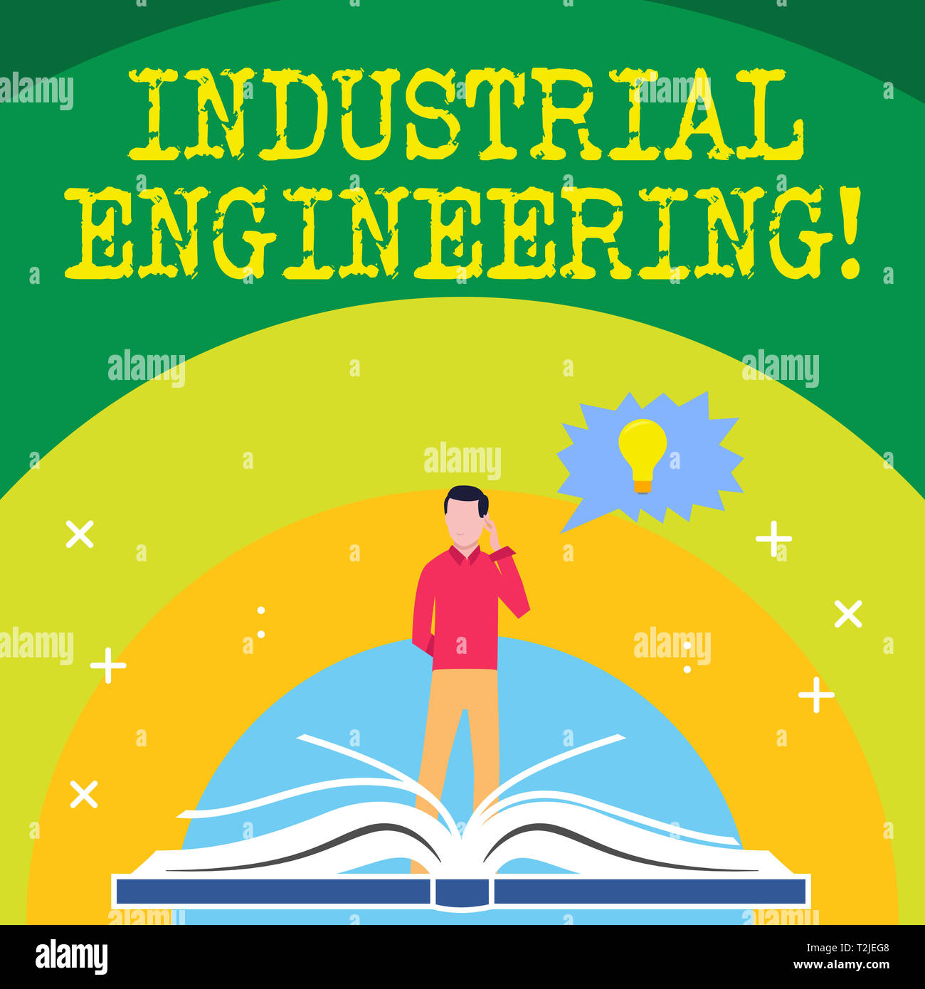 Handwriting text writing Industrial Engineering. Conceptual photo field or study that focuses on industrial processes Man Standing Behind Open Book, H Stock Photo