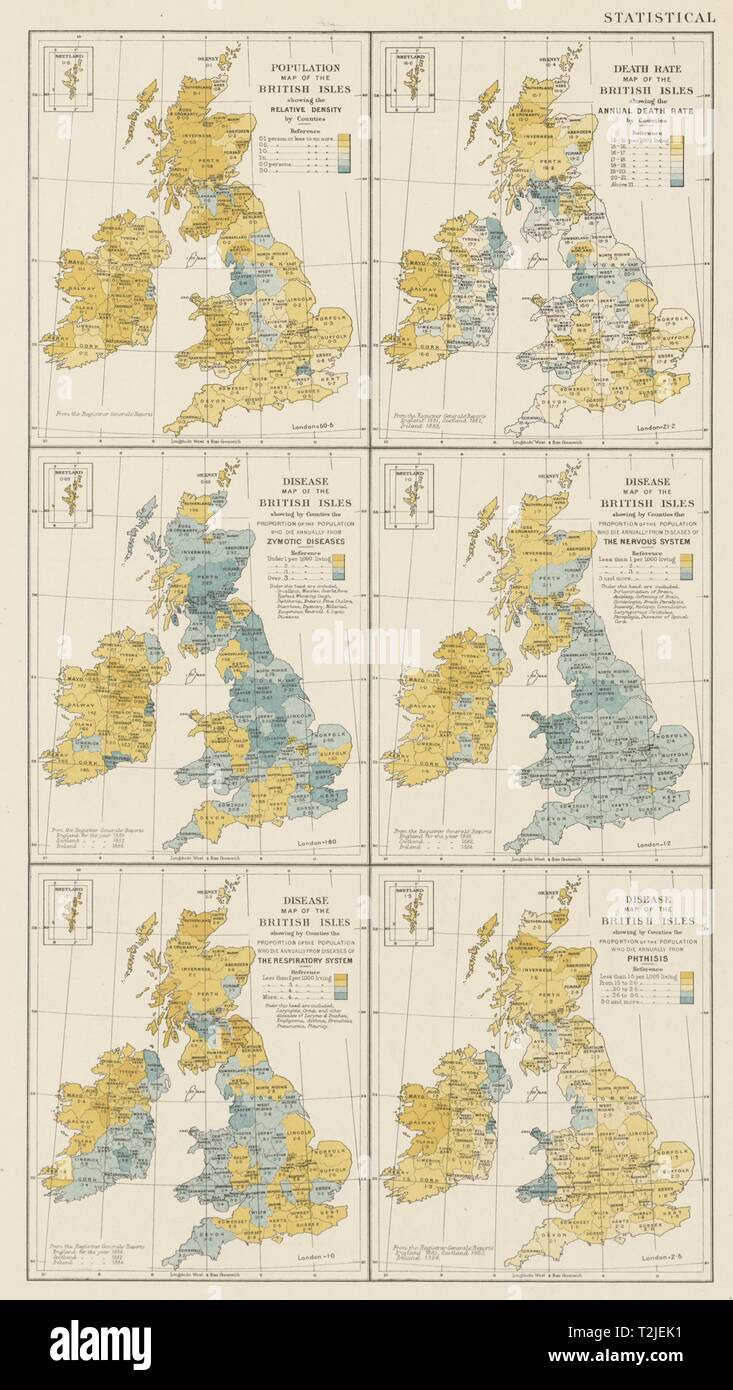 British Isles population death rate diseases contagious TB. STANFORD 1887 map Stock Photo