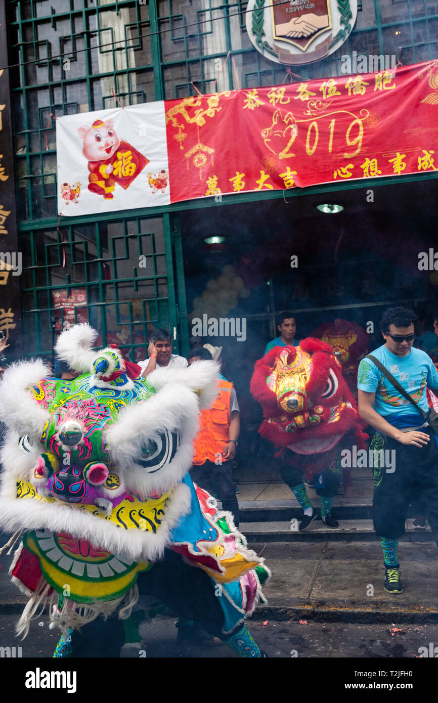 Celebration of the Chinese New Year in Lima, Peru, South America. Dance of the Dragon. Stock Photo