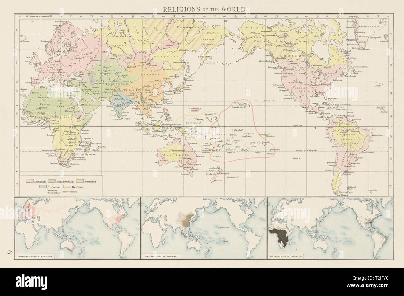 Religions of the world. Christian Islam Buddhist Heathen Hindu. TIMES 1900 map Stock Photo