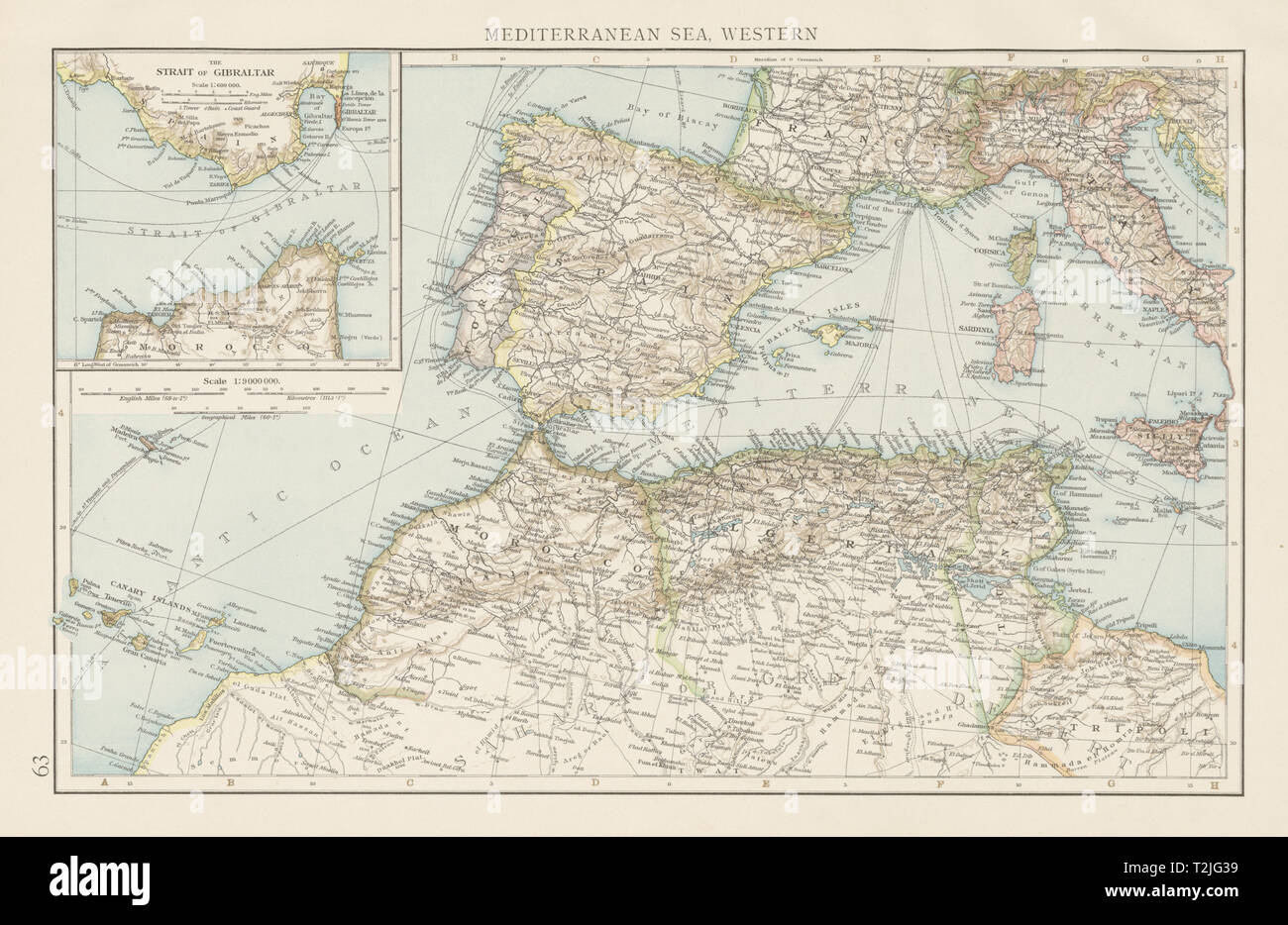 Western Mediterranean sea. Strait of Gibraltar. Telegraph cables. TIMES 1900 map Stock Photo