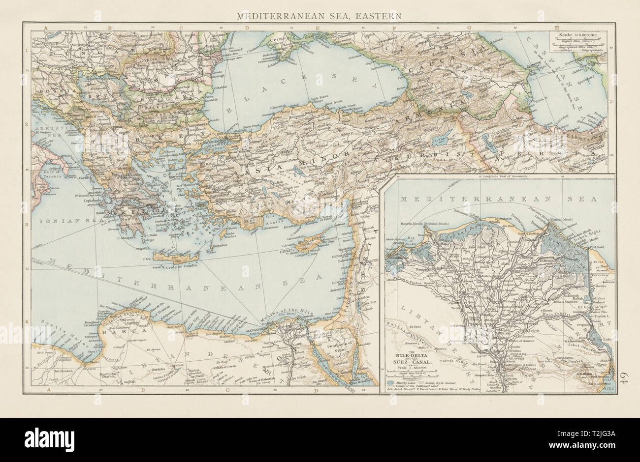Eastern Mediterranean sea. Nile delta. Suez canal. THE TIMES 1900 old map Stock Photo