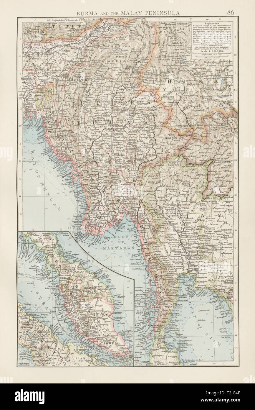 Burma & the Malay Peninsula. Myanmar Yunnan Siam Thailand Assam. TIMES 1900 map Stock Photo