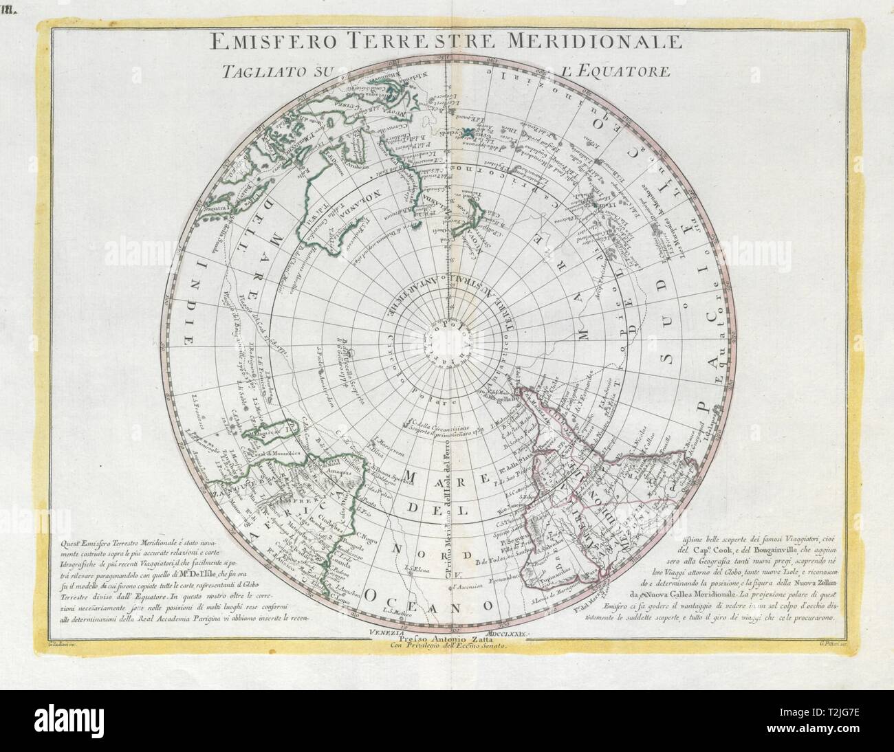 'Emisfero Terrestre Meridionale…' Southern hemisphere. ZATTA 1779 old map Stock Photo
