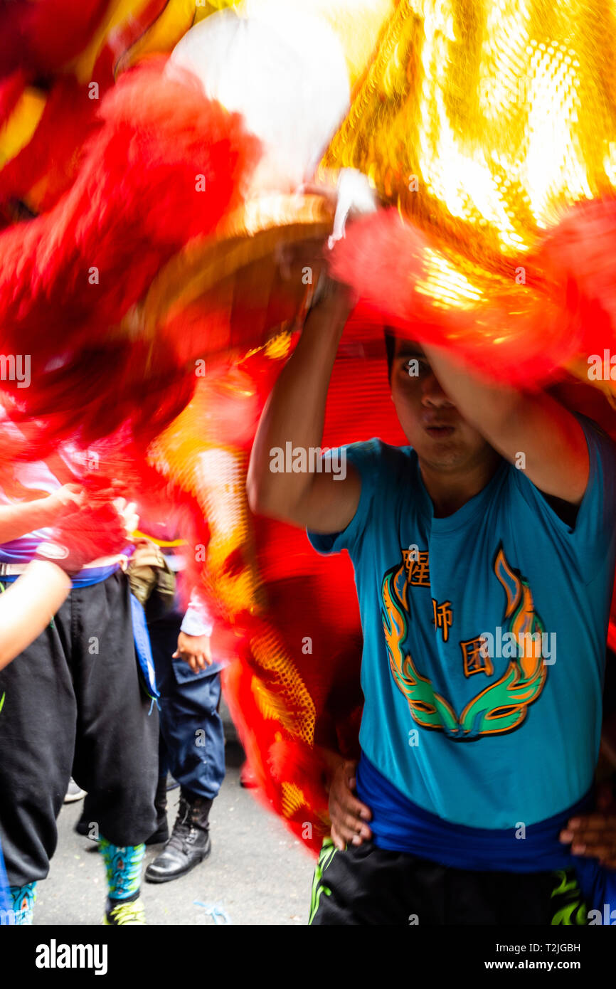 Celebration of the Chinese New Year in Lima, Peru, South America. Dance of the Dragon. Stock Photo