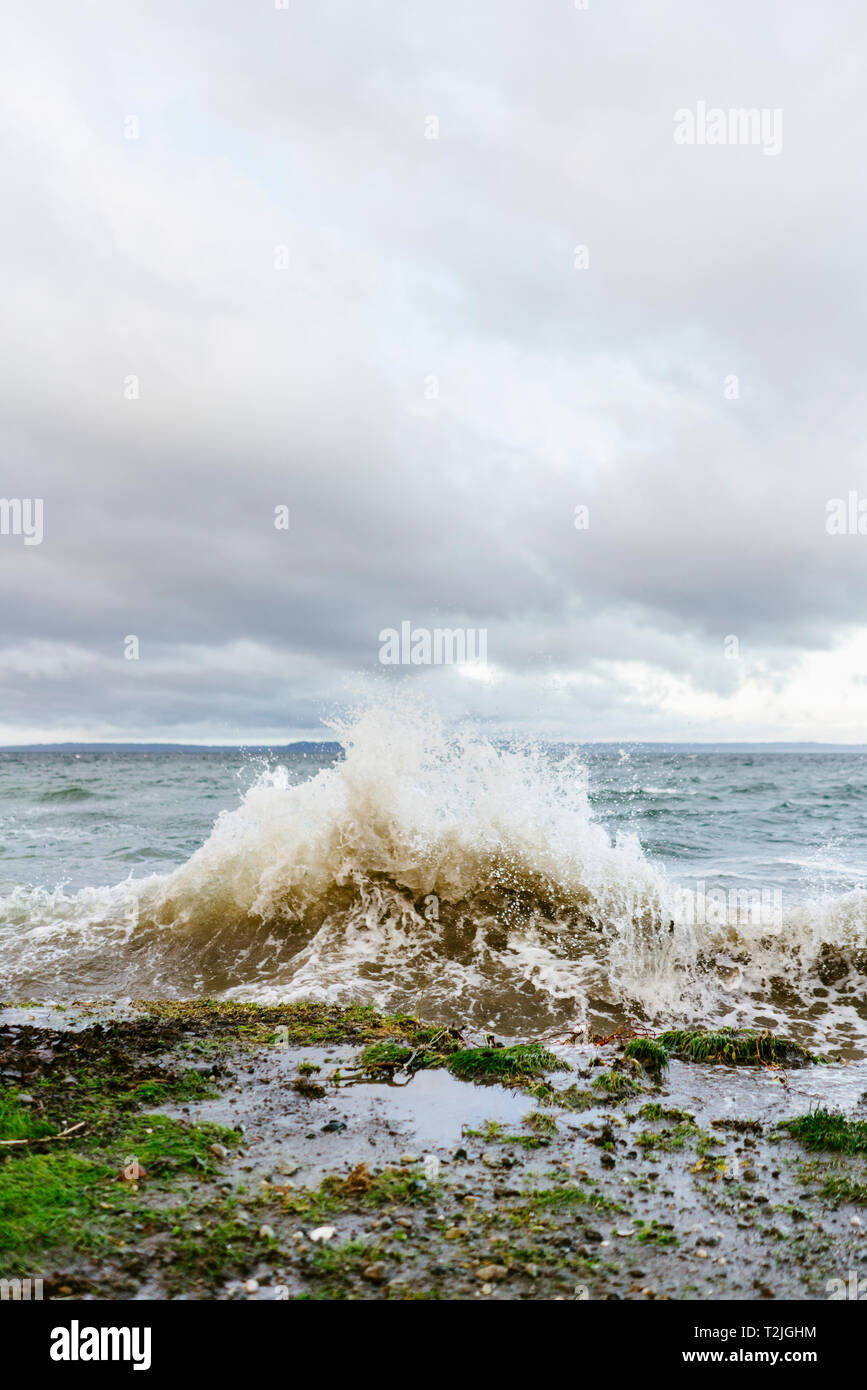 Waves from a king tide crash on the shore Stock Photo