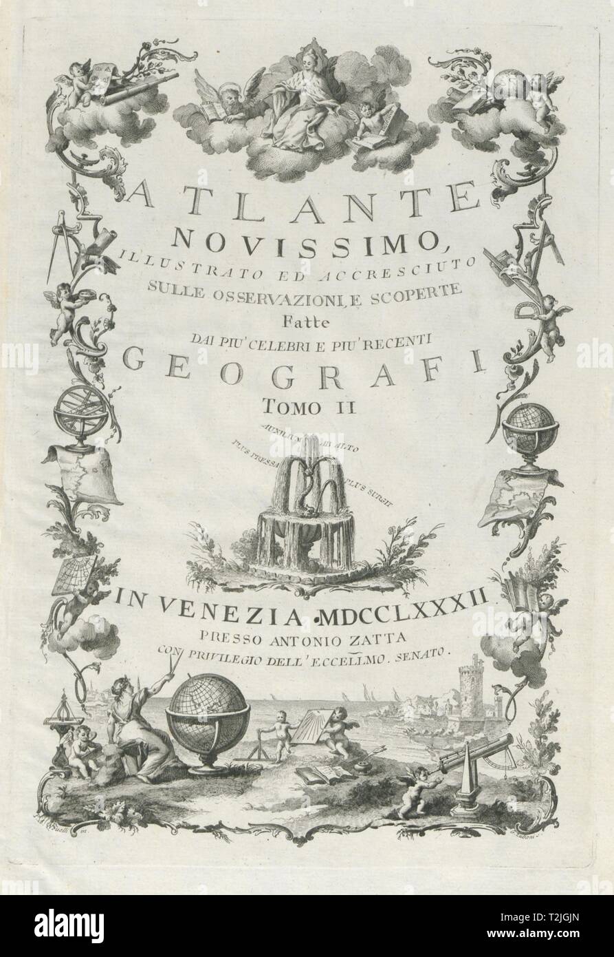 Frontispiece Tomo II. Volume 2 Title page. Atalante Novissimo. ZATTA 1783 Stock Photo