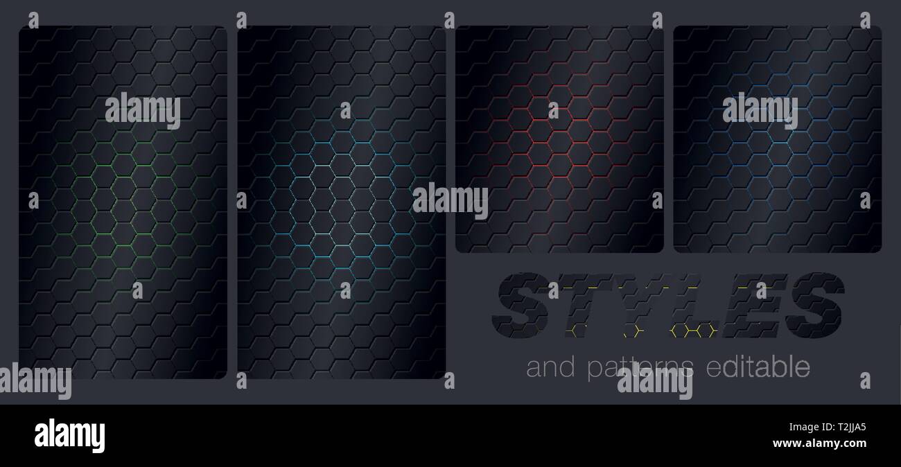 Abstract futuristic cell hexagonal seamless pattern in different colors. Vector illustration. Editable styles and pattern included. Stock Vector
