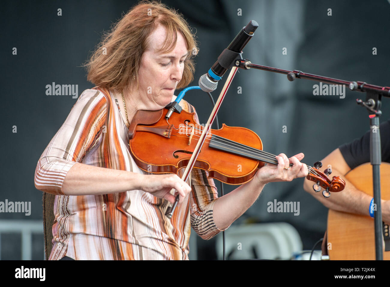 Irish musician Liz Carroll playing violin on stage at National Folk Festival in Salisbury, MD Stock Photo