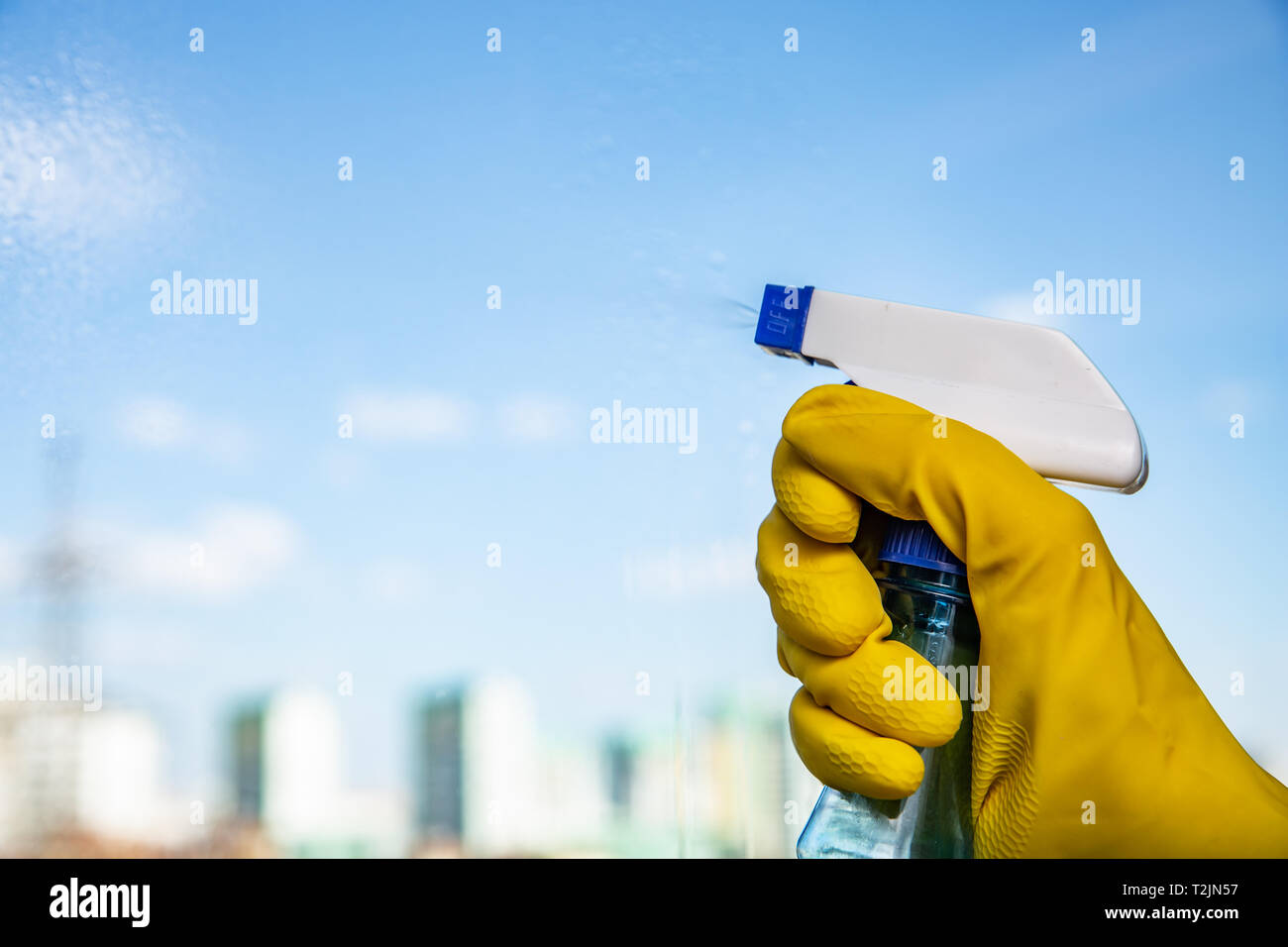 Female hand in yellow gloves cleaning window with spray detergent