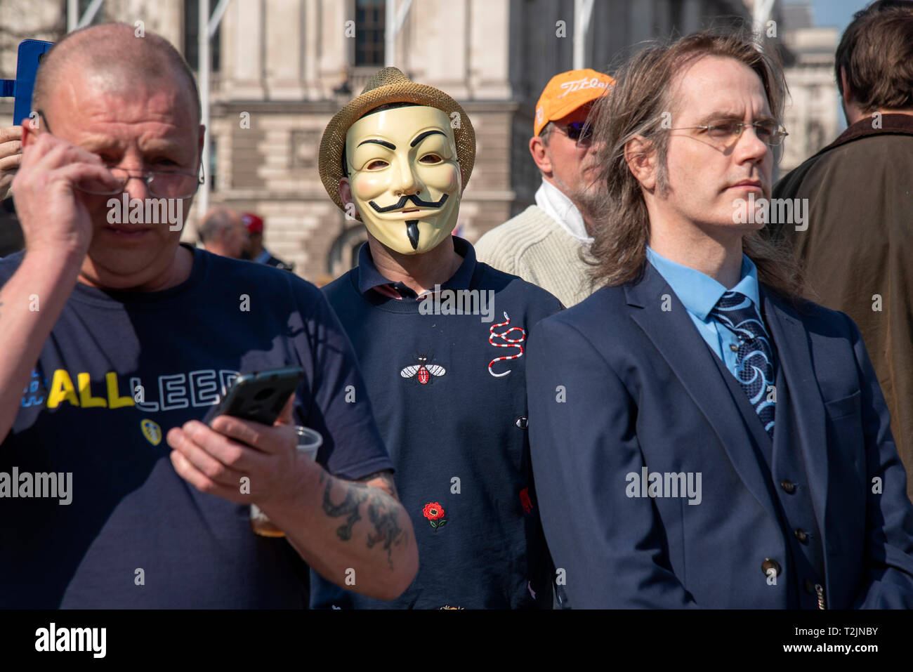 Brexit supporters at a rally outside the Houses of Parliament on 29 March 2019 - the day the UK was supposed to leave the EU. Stock Photo