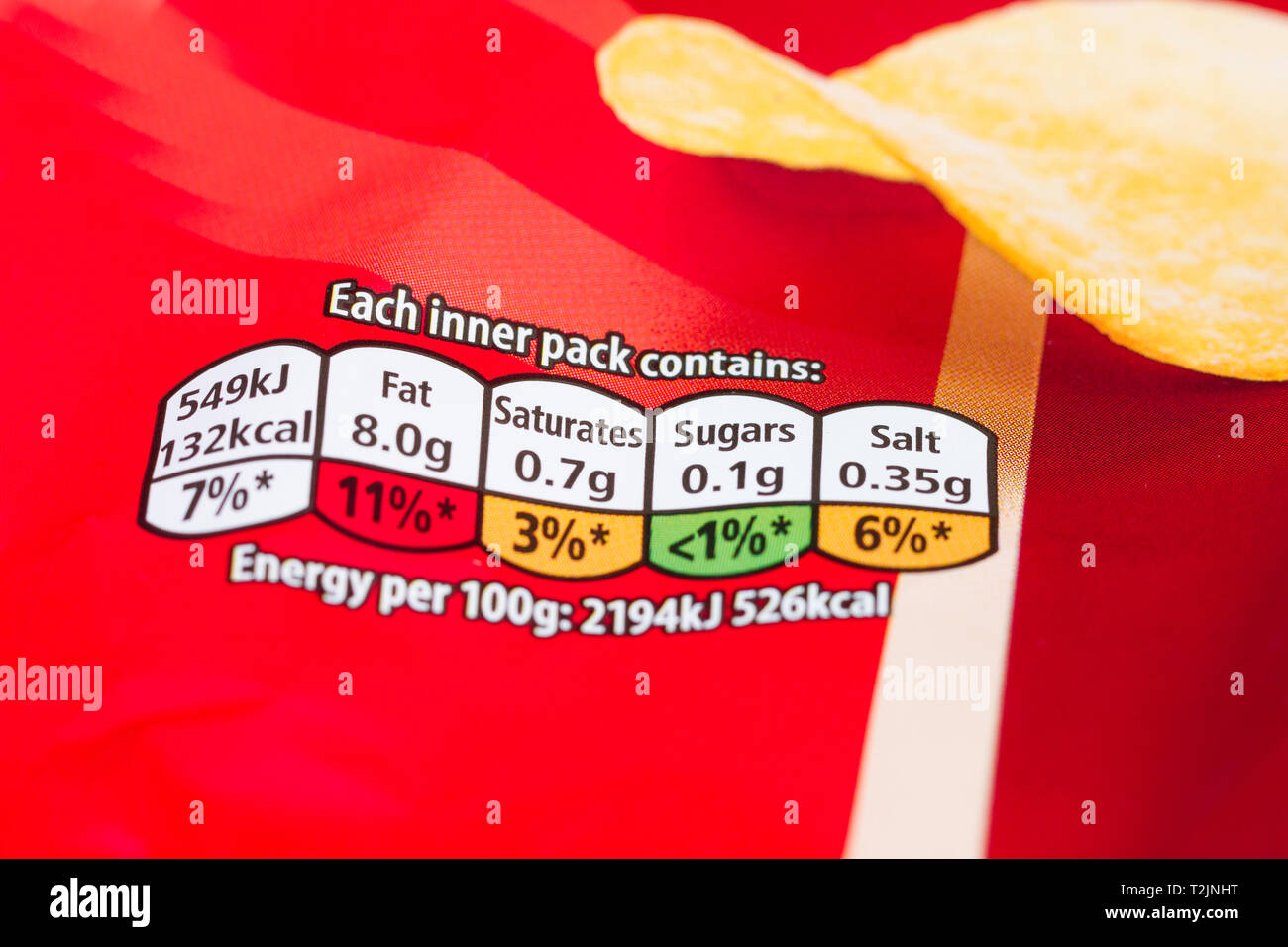 Nutritional information food label on a multi-pack of Walkers ready salted crisps Stock Photo