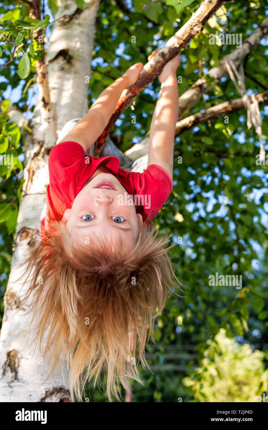 Elementary age girl hanging from a tree branch while playing in a summer garden - child safety or risky play concept Stock Photo