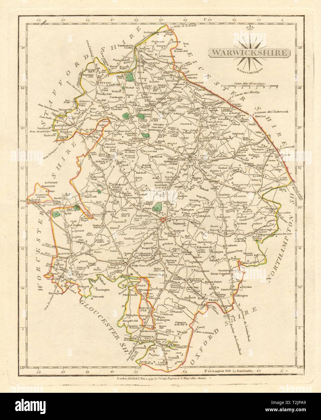 Antique county map of WARWICKSHIRE by JOHN CARY. Original outline ...