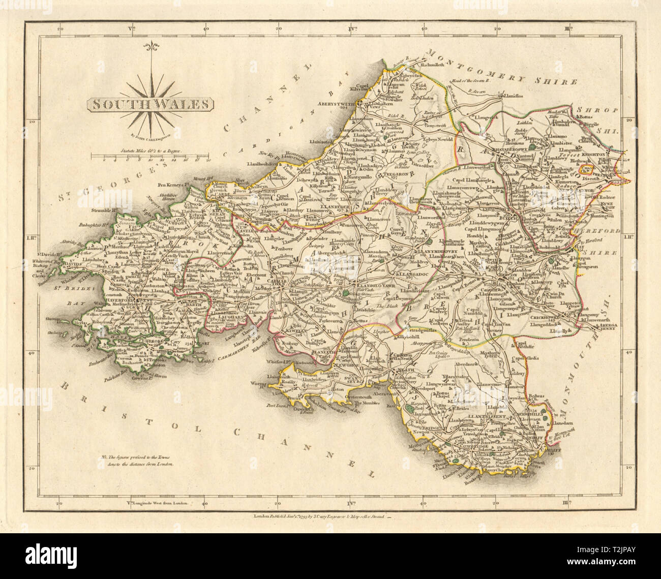 Antique Map Of South Wales By John Cary Original Outline Colour 1793