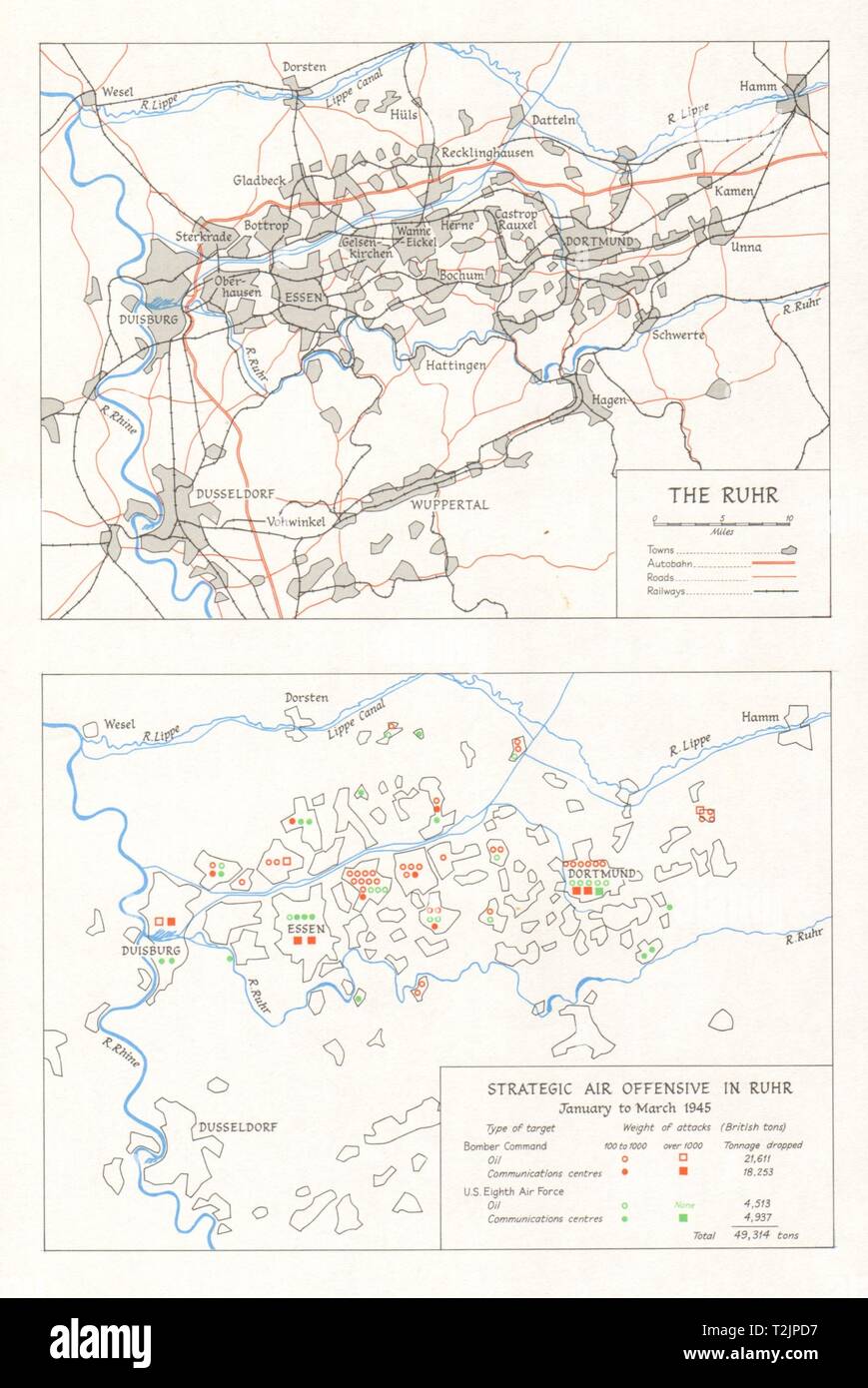 Strategic Air Offensive in Ruhr, Jan-March 1945 USAF RAF Bomber Command 1968 map Stock Photo