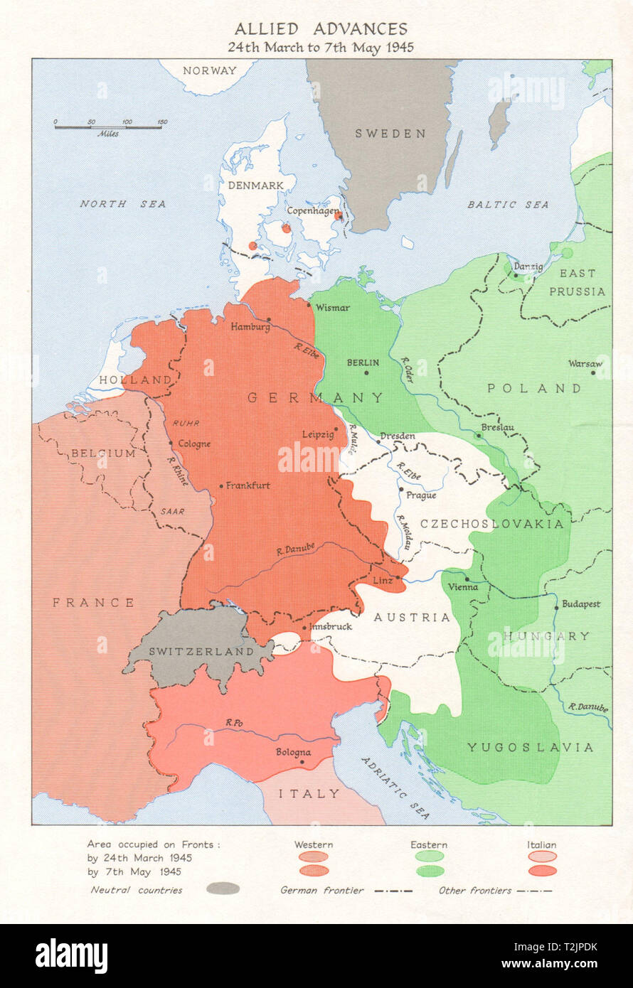 German surrender & end of World War 2. Allied Advances March-May 1945 1968 map Stock Photo