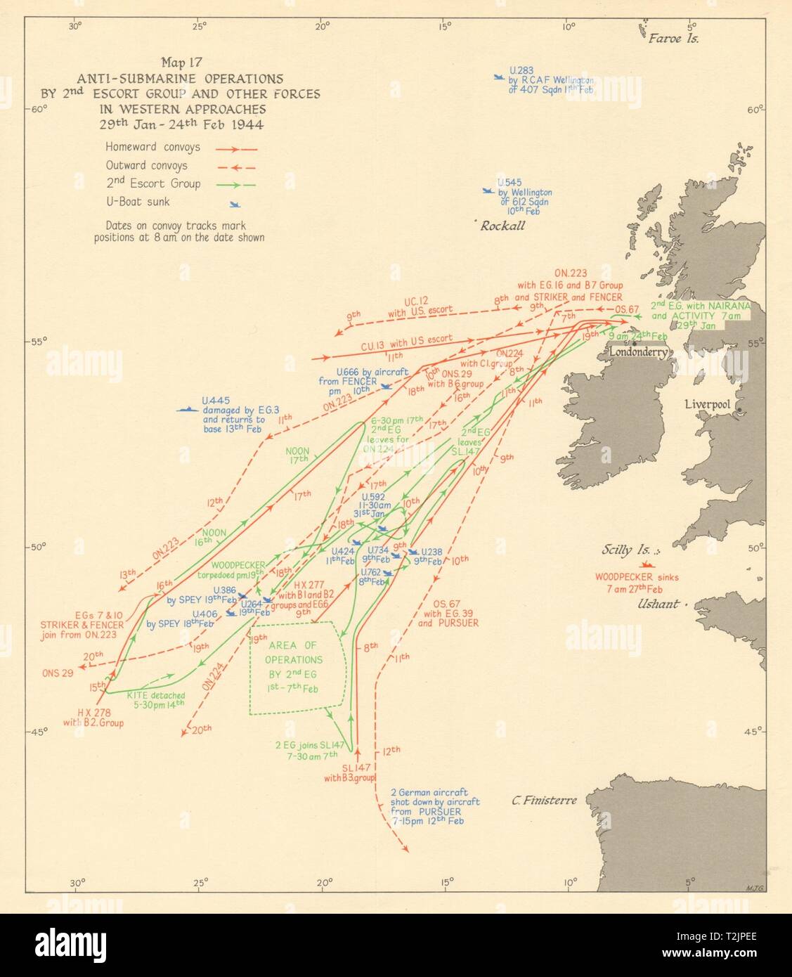 Battle of the Atlantic. Anti-submarine operations. Jan-Feb 1944. WW2 1954 map Stock Photo