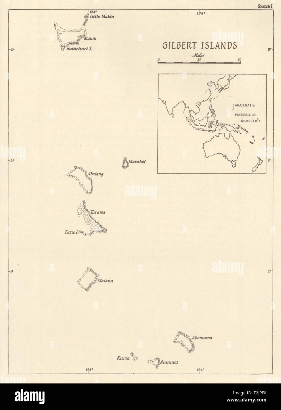 The Gilbert Islands 1943/44. Pacific Ocean. World War 2 1961 old vintage map Stock Photo