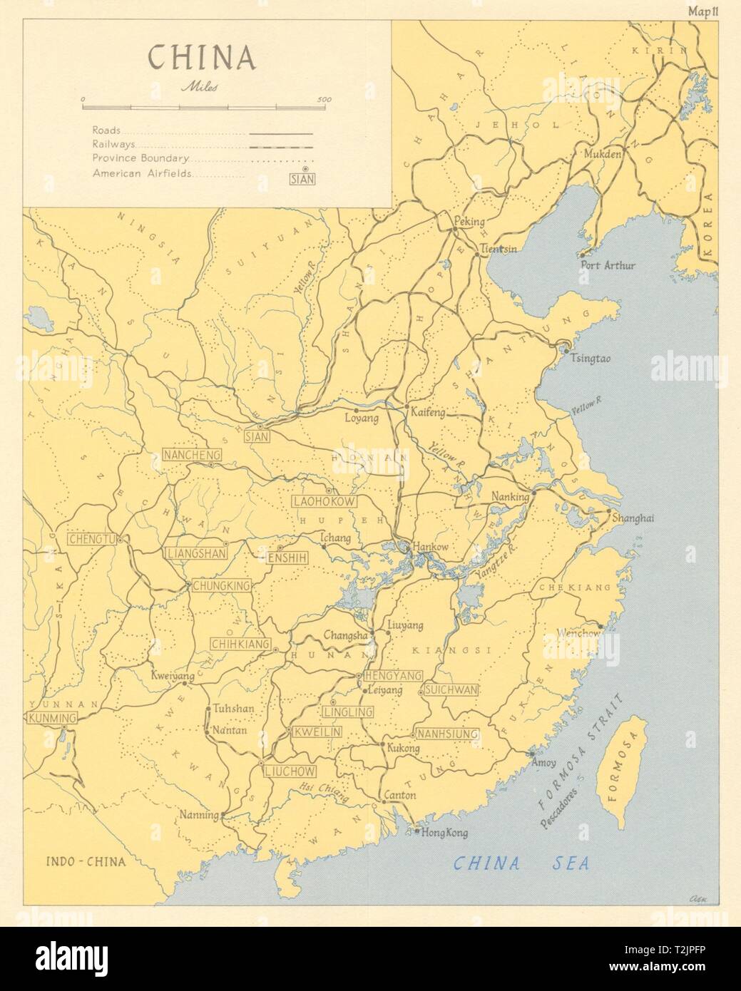 China in 1944 showing American airfields. USAF 1961 old vintage map plan chart Stock Photo