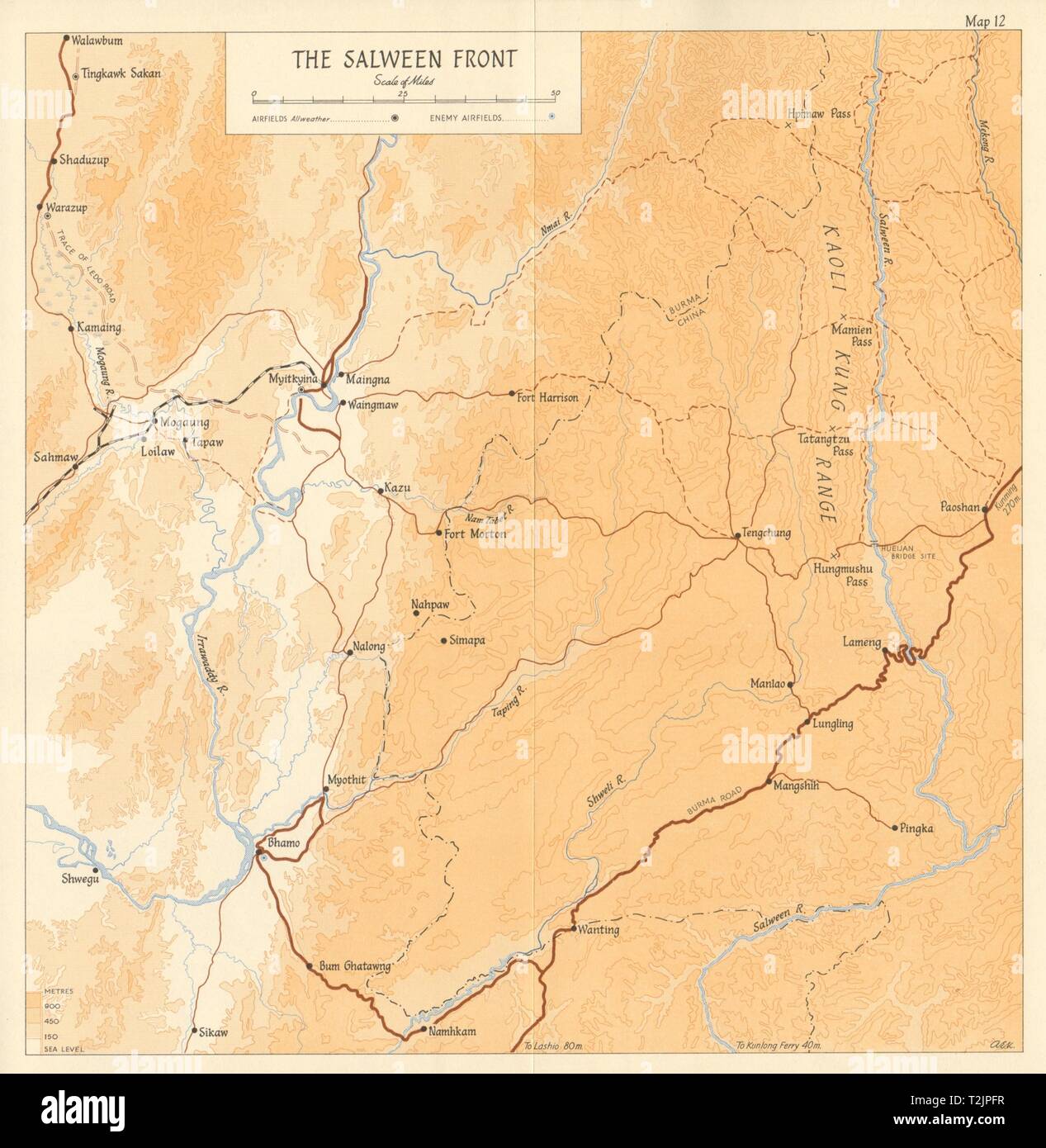 Salween Front 1944 airfields. Burma Campaign. World War 2. Myitkyina 1961 map Stock Photo