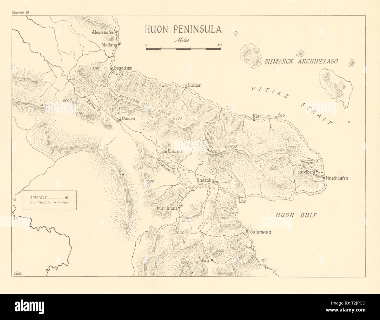 Huon Peninsula campaign 1943/44. Papua New Guinea World War 2 Airfields 1961 map Stock Photo