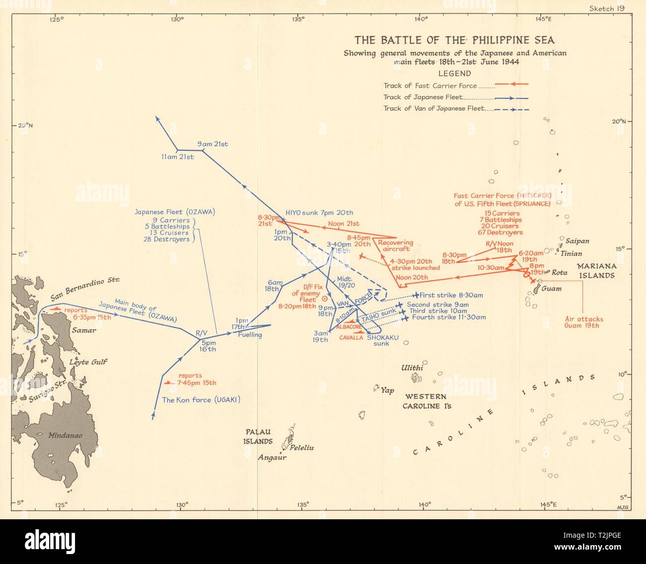 Battle of the Philippine Sea 18-21 June 1944. World War 2 Pacific 1961 old map Stock Photo