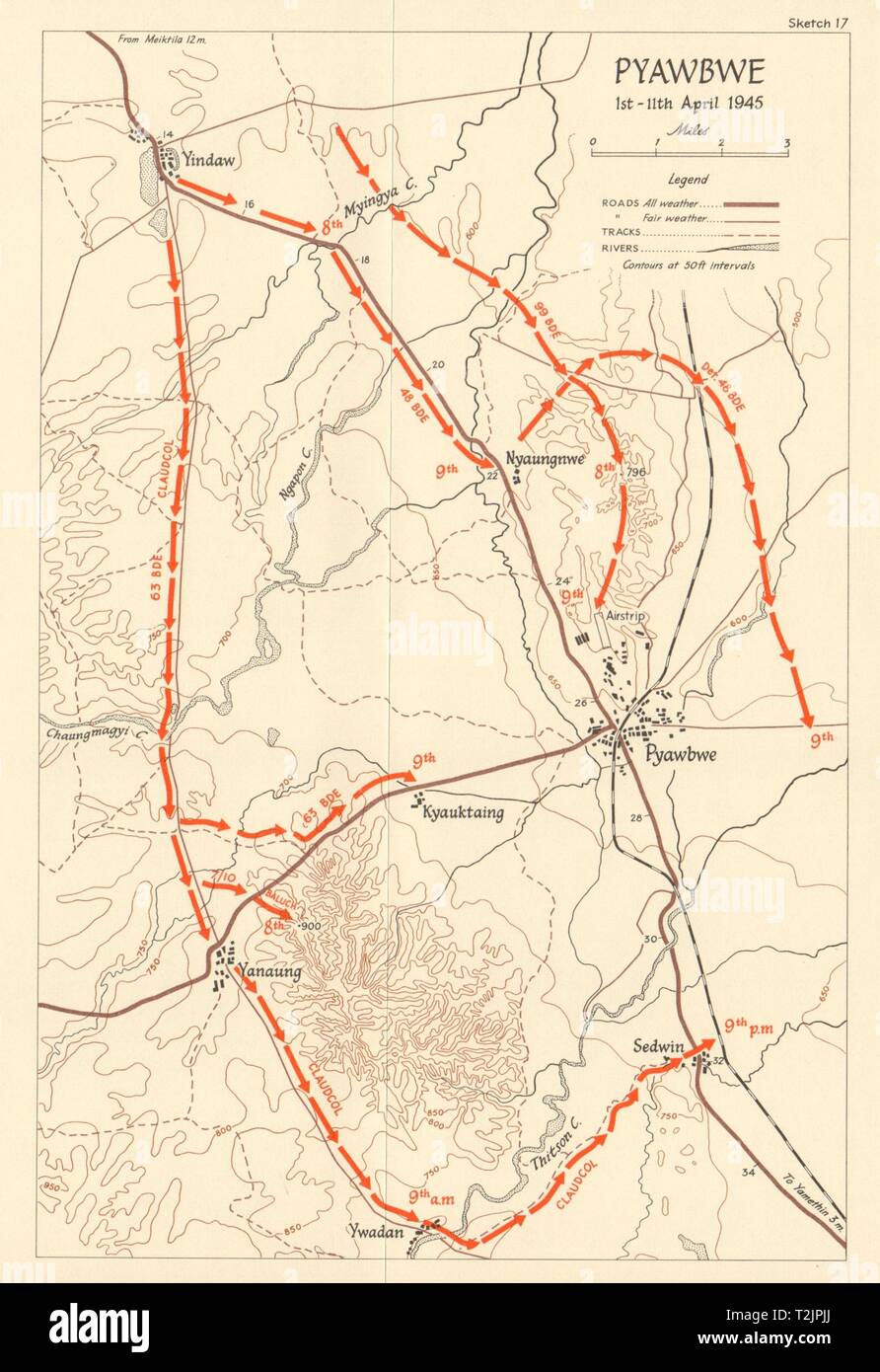 Attack on Pyawbwe 1-11 April 1945. Burma Campaign. World War 2 1965 old map Stock Photo