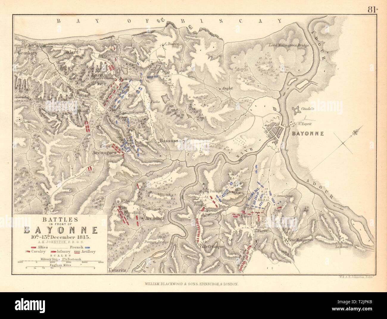 Battle of the Nive 10-13 December 1813 Bayonne Biarritz. Peninsular War 1850 map Stock Photo