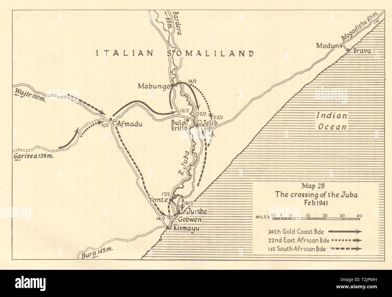 Crossing River Juba Feb 1941 Kismayo Italian Somaliland Somalia. Sketch map 1954 Stock Photo